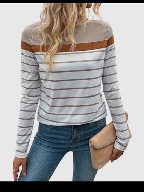 Striped Long-Sleeve Crewneck Top in Taupe & White